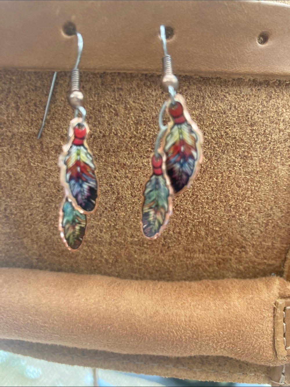 Hand-Painted Feather Drop Earrings - Multicolor